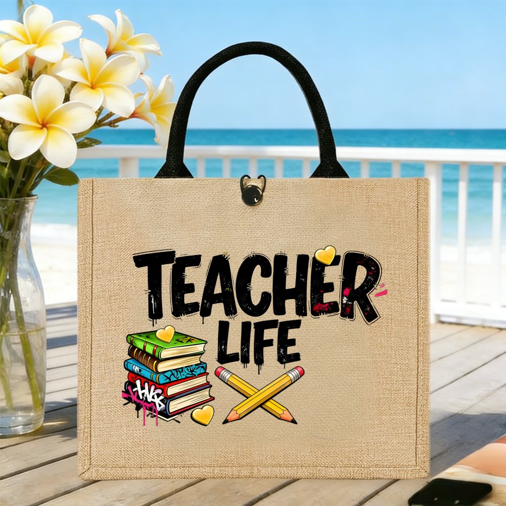 Women Bags Jute - Teacher Life Books Pencils Hearts Design
